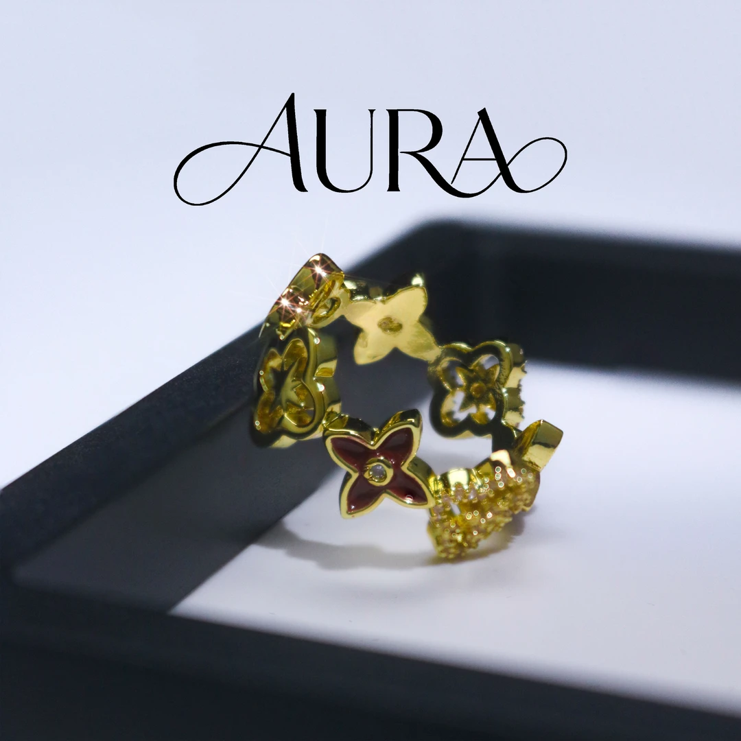 铜合金锆石戒指 AURA滴油满钻幸运四叶草开口轻奢气质镂空戒指