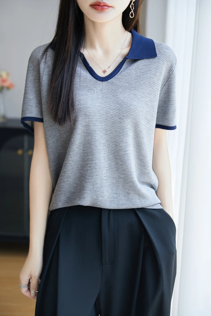 莱赛尔天丝U领撞色时尚针织短袖298