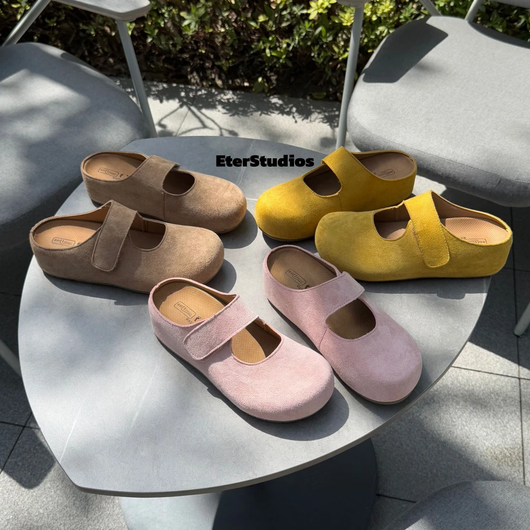 Es家2025春夏新款时尚韩版包头半拖鞋内增高5cm一字带勃肯鞋
