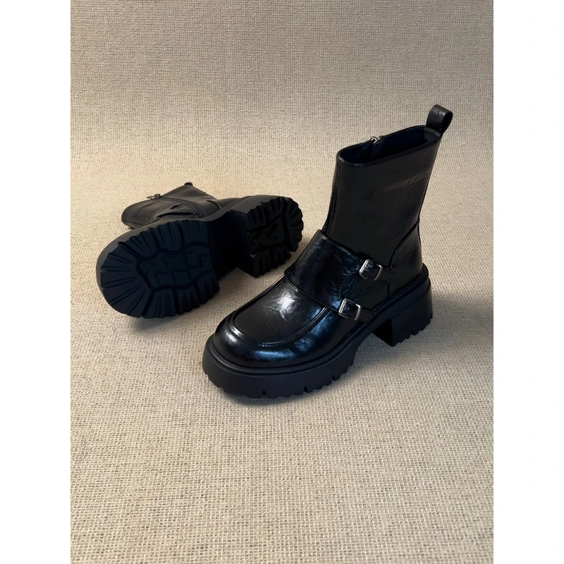 nnmiss·34-39/4.5cm英伦风圆头双扣带侧拉链短靴百搭厚底马丁靴女