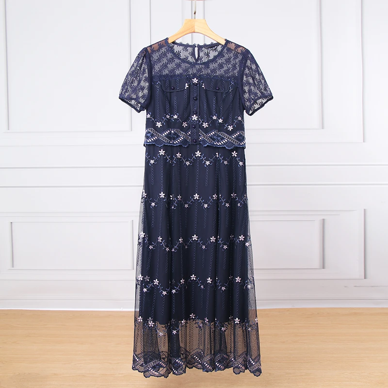 短袖连衣裙女轻奢高级感2025年新款假两件网纱刺绣优雅气质长款裙