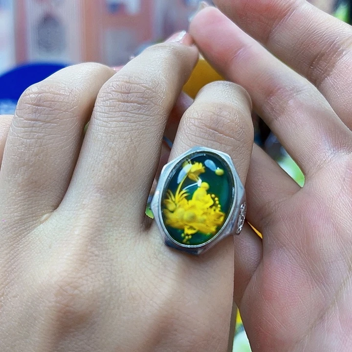 蜜蜡银S925镶嵌裸石戒指