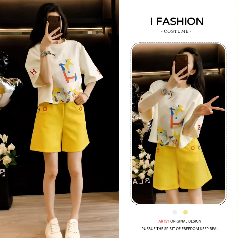 高含棉千金风时尚套装女2026年夏季新款洋气显瘦上衣短裤两件套潮
