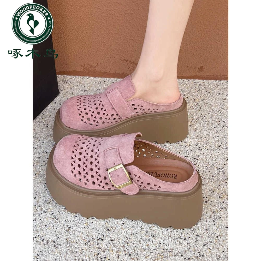 啄木鸟包头半拖鞋女外穿2025夏季新款厚底增高矮子乐穆勒博肯鞋