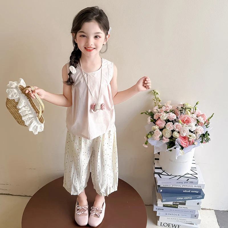 女童夏季无袖套装2025新款儿童韩系背心阔腿裤两件套宝宝休闲衣服