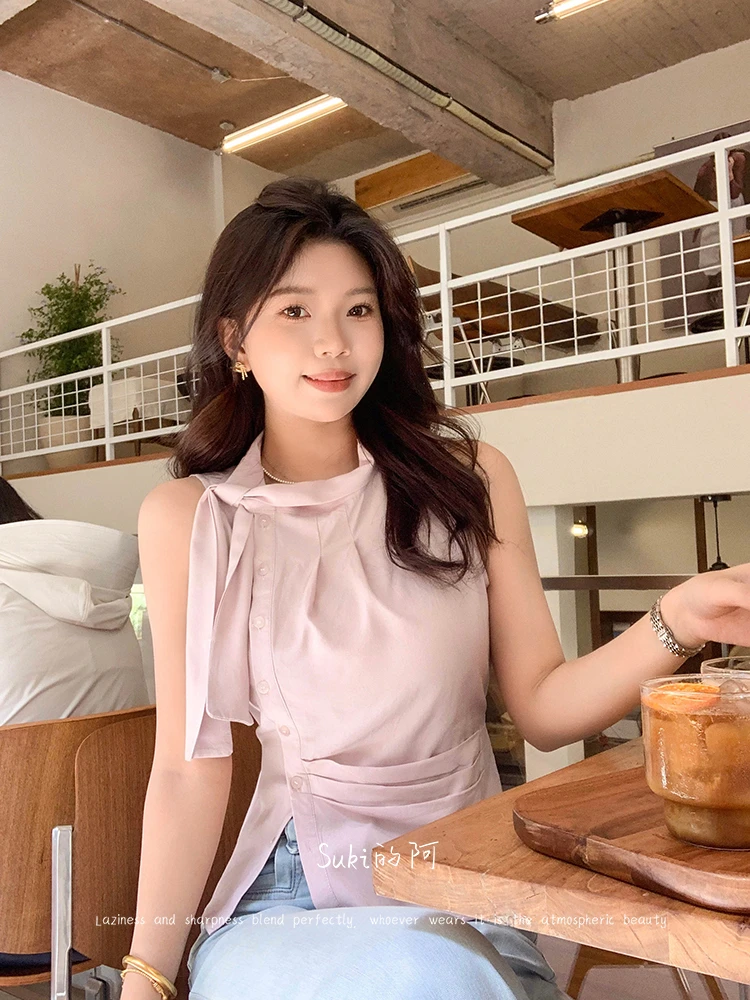 【樱落小池】夏季粉色捏褶设计系带无袖背心气质侧排扣通勤百搭上衣