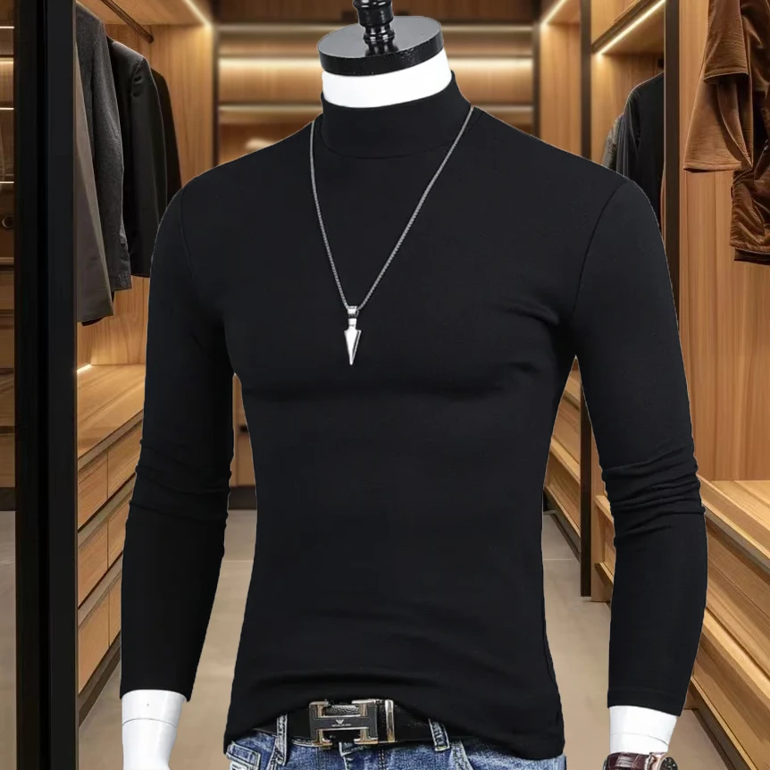 男士打底衫纯色t恤长袖百搭潮流宽松半高领圆领韩版中领冬季内搭