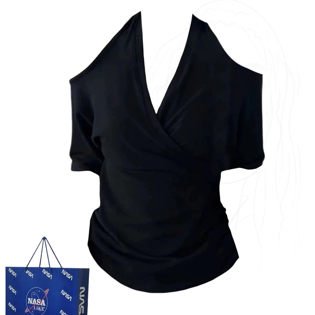 纯欲风辣妹黑色挂脖露肩短袖t恤女夏季修身显瘦设计感短款V领上衣