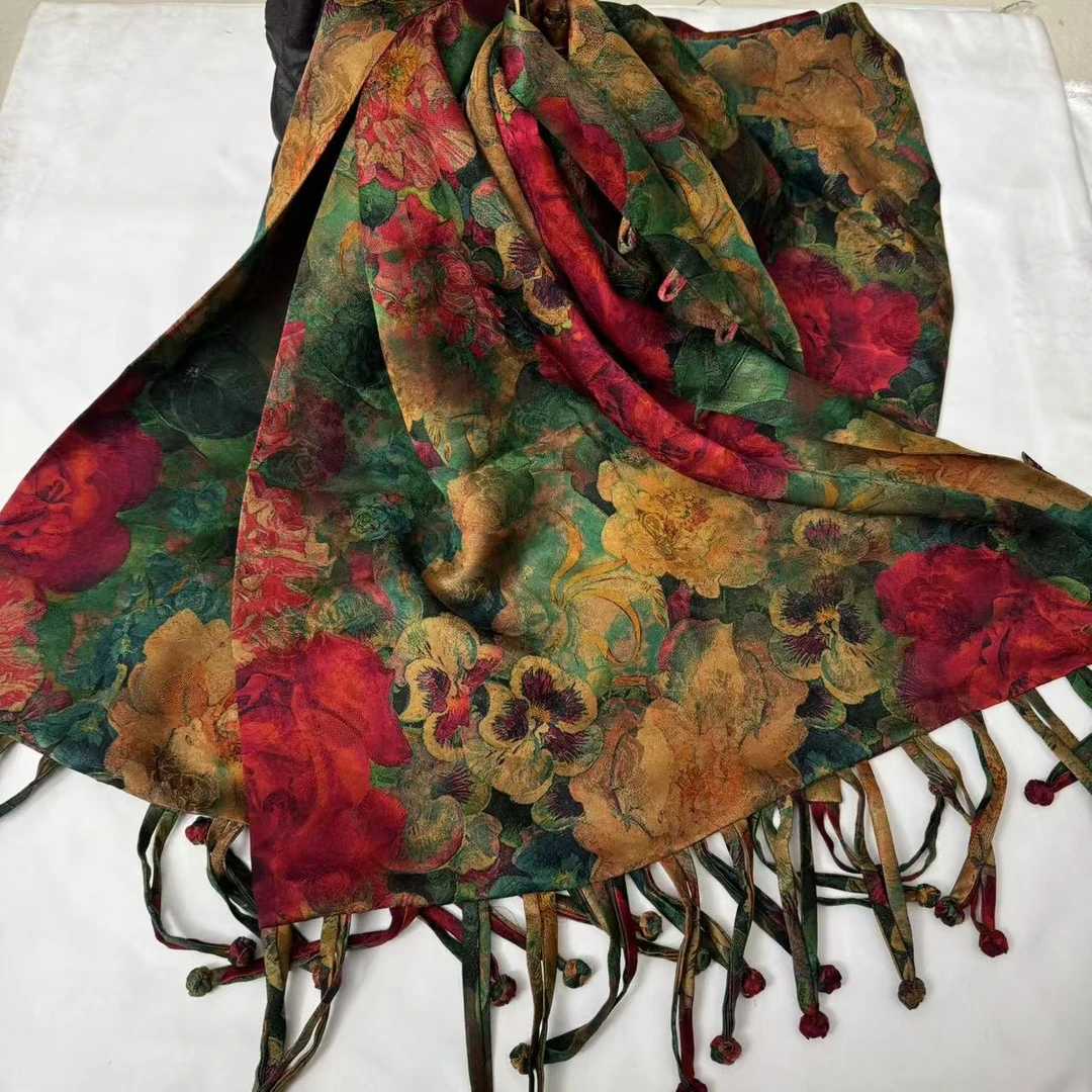 丝纡--花样年华 双层玫瑰金丝盘扣流苏桑蚕丝香云纱210*52披肩