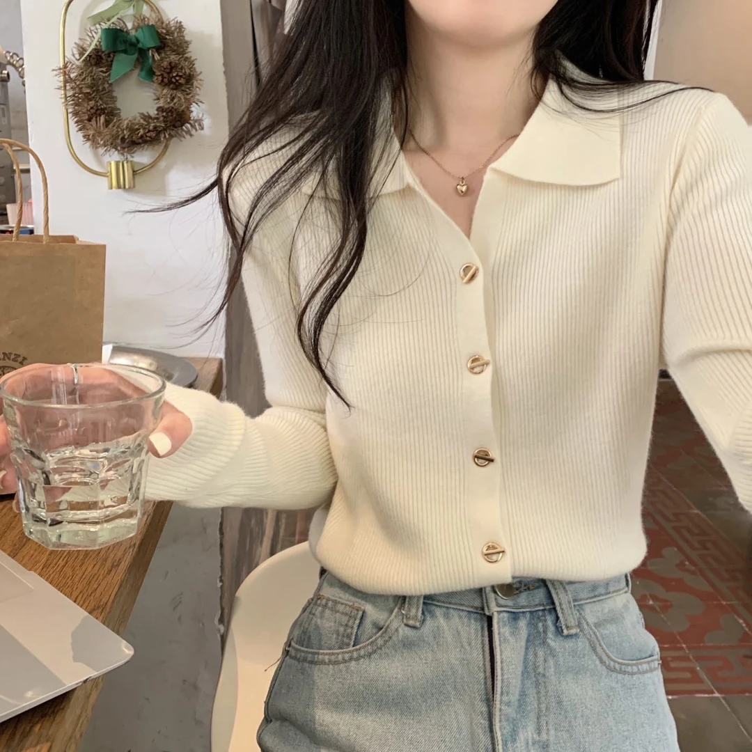 2025春秋季新款杏色polo领长袖针织开衫女薄款外穿春游出行衣服