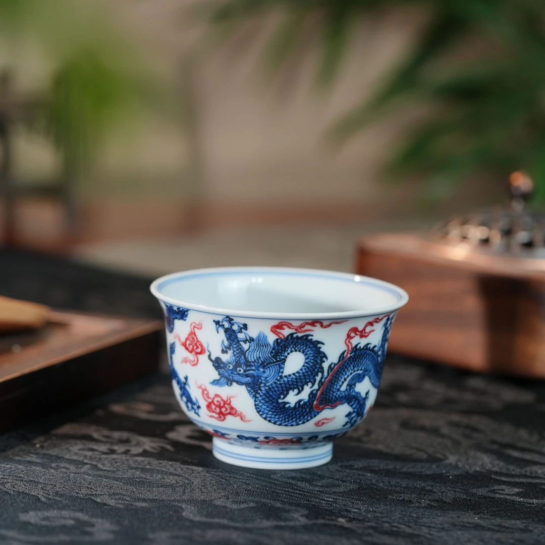 片雲晚谷片云晚谷青花釉里红灵芝龙纹陶瓷主人杯手绘品杯顺丰包邮