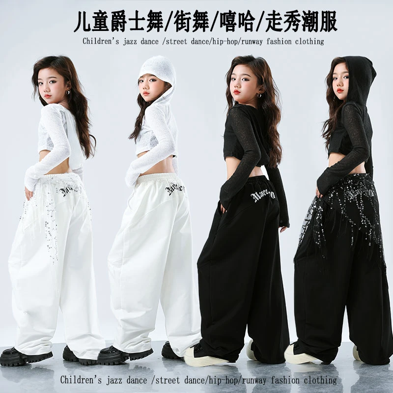 潮酷女童露脐连帽罩衣宽松束脚卫裤套装童装少儿爵士舞女团演出服