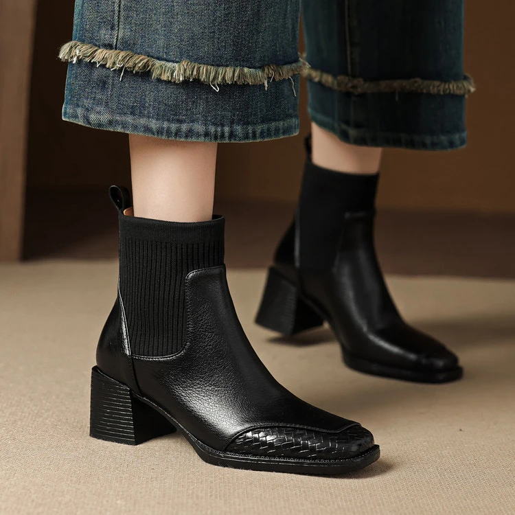 牛皮+毛线筒6cm高跟短靴弹力显瘦气质马丁靴粗跟新款时尚女时装靴