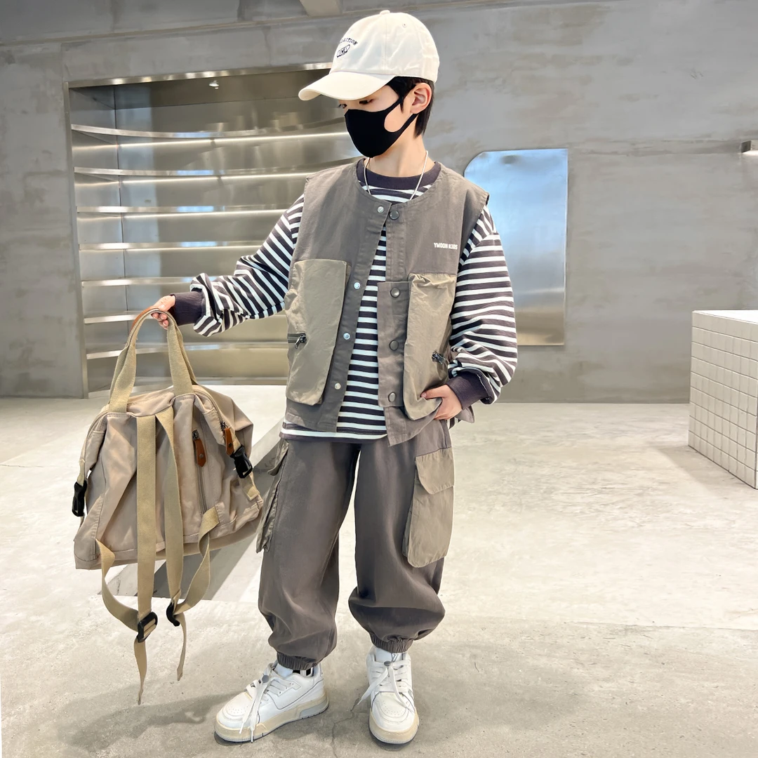 男童秋装套装2025新款儿童春秋款运动卫衣马甲三件套宽松大童韩范