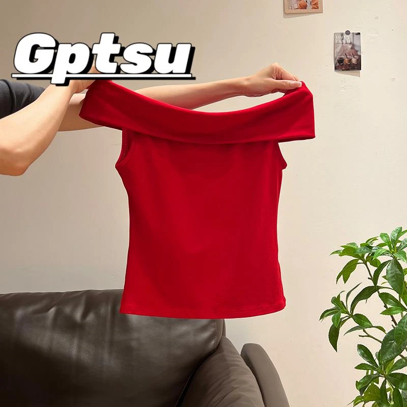 GPTSu美式辣妹红色一字肩T恤女夏季甜辣妹纯欲性感气质短款小上衣