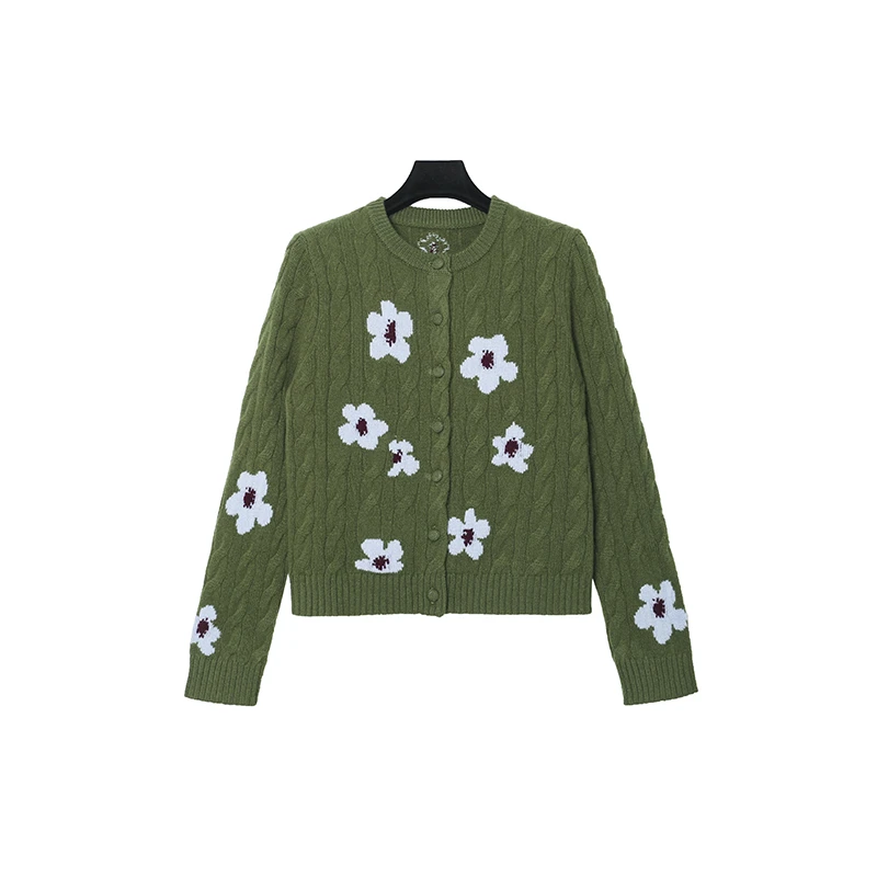 E*R25年早秋新品圆领绞花纹理花朵提花针织开衫32998