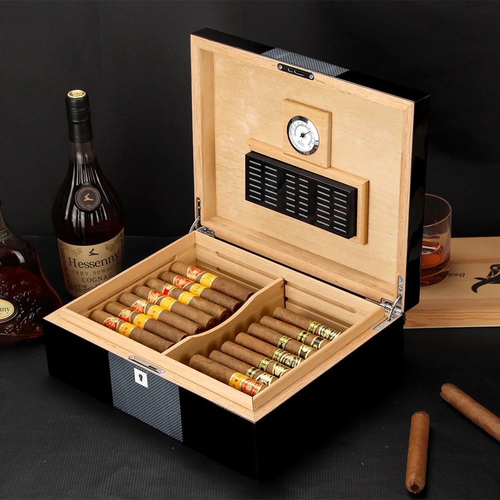 雪茄保湿盒大容量雪松木雪茄盒钢琴烤漆木盒雪茄专用烟盒工具配件