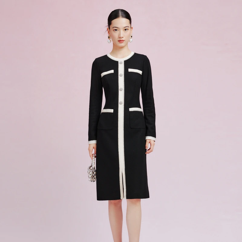 【可可专属】La Koradior拉珂蒂圆领单排扣a字连衣裙气质长裙通勤