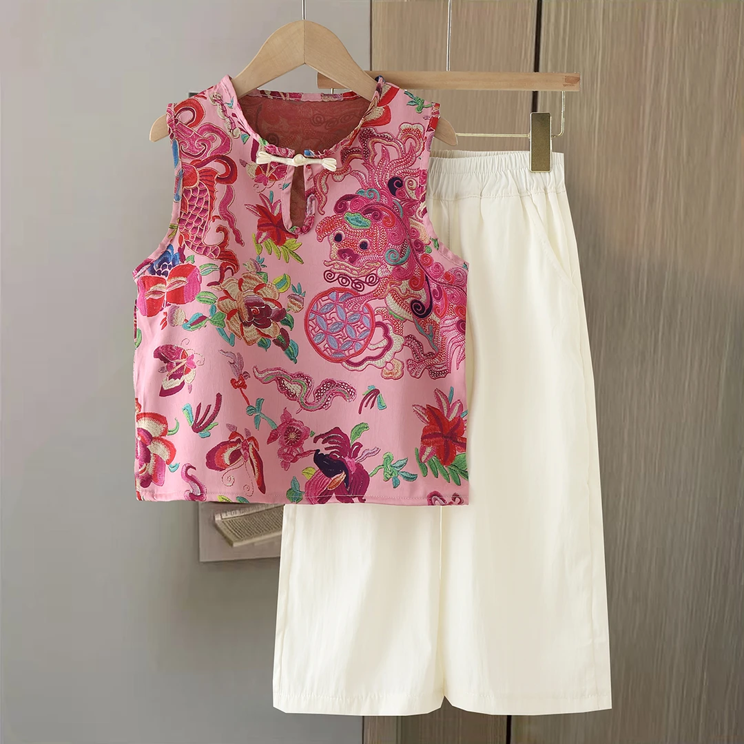 唐装女童套装2025夏季女孩中国风无袖套装女大童新中式休闲两件套