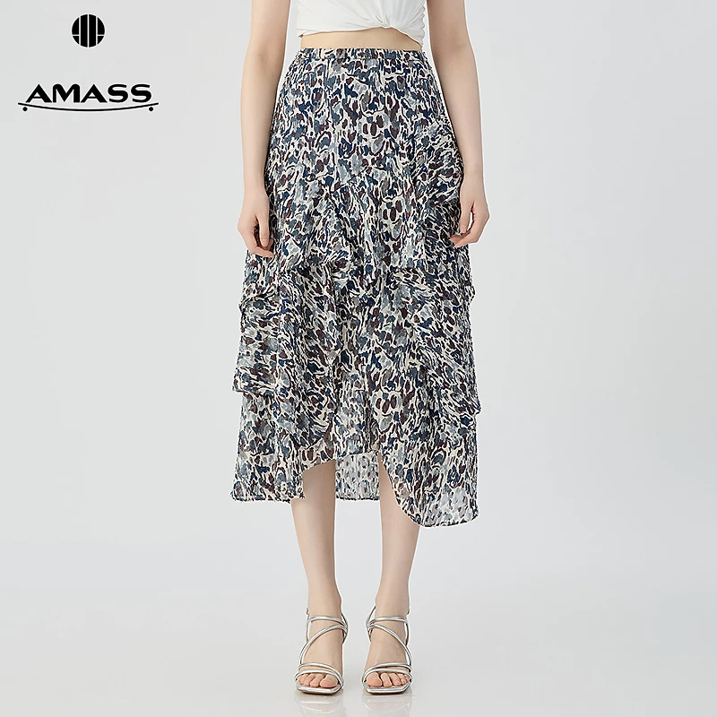 阿玛施AMASS 百搭时尚简约复古印花不规则花边造时尚半裙5200460