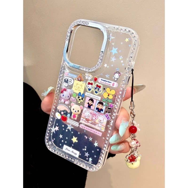 适用苹果iphone16promax小熊插画15pro透明14pro挂件13镶钻手机壳