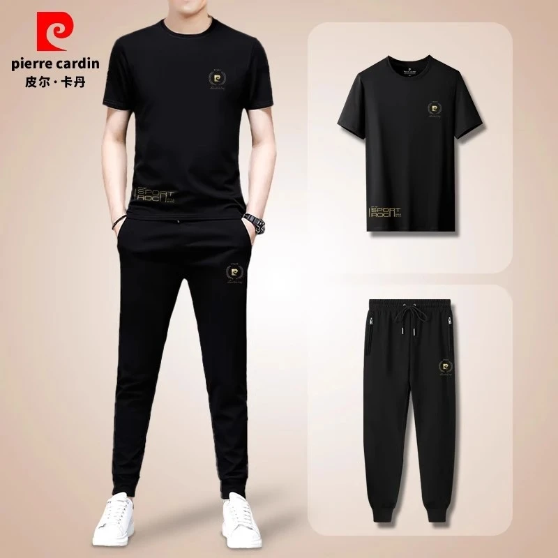 皮尔卡丹休闲运动套装百搭男士套装透气舒适运动圆领短袖长裤T恤