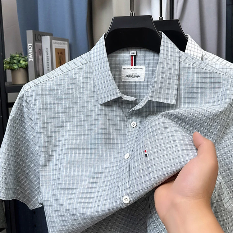 John Bunni100%纯棉格纹短袖衬衫男士夏季衬衣休闲商务翻领气质潮