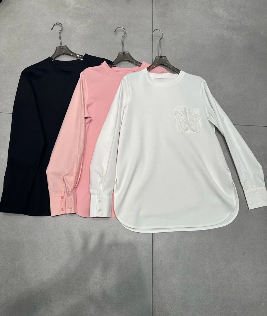 25004口袋蝴蝶休闲潮流长袖宽松型中长款印花宽松T恤圆领