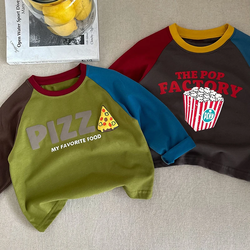 纯棉t恤长袖春秋2025新款百搭卡通休闲撞色男女儿童装打底衫上衣