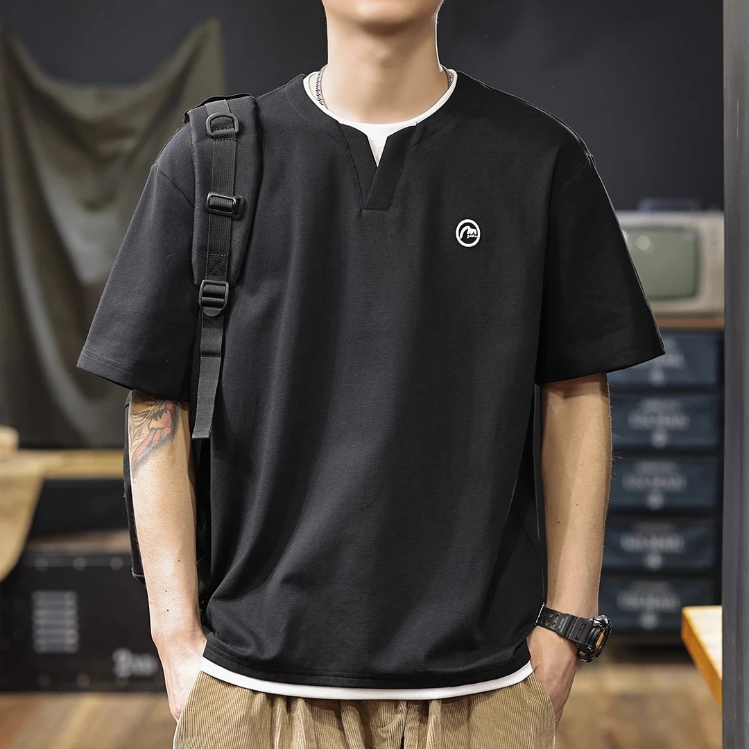 Cebrodz凉感清爽云梯棉短袖T恤2025夏季新款假两件刺绣男士半袖衫