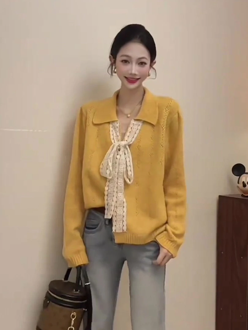 超好看小香风蕾丝蝴蝶结毛衣开衫女早秋季慵懒高级感宽松针织外套
