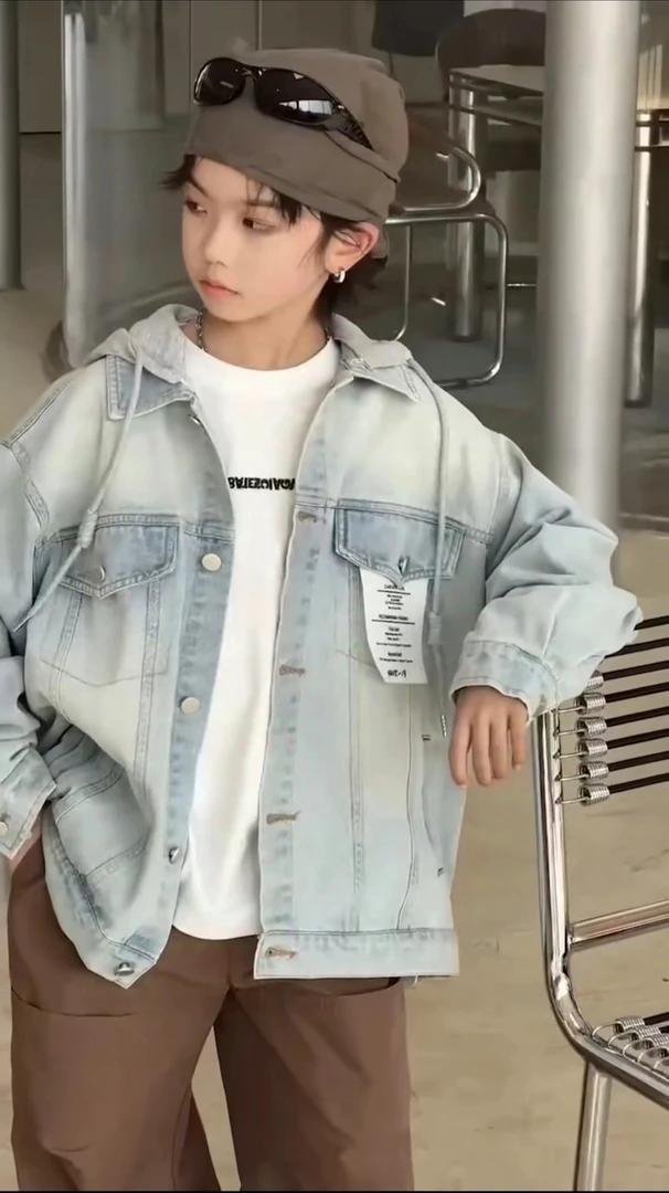 男童女童牛仔外套2025新款儿童洋气外套时髦衣服潮帽子可脱卸
