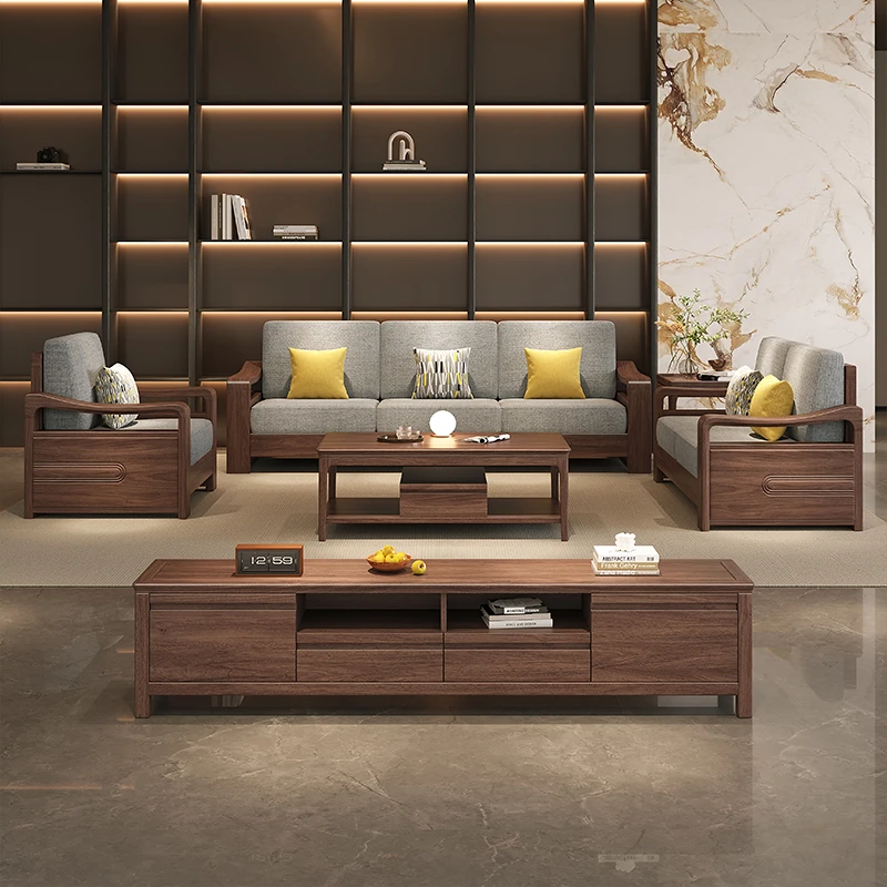 高档黑胡桃木实木沙发组合现代中式简约别墅客厅转角贵妃储物沙发