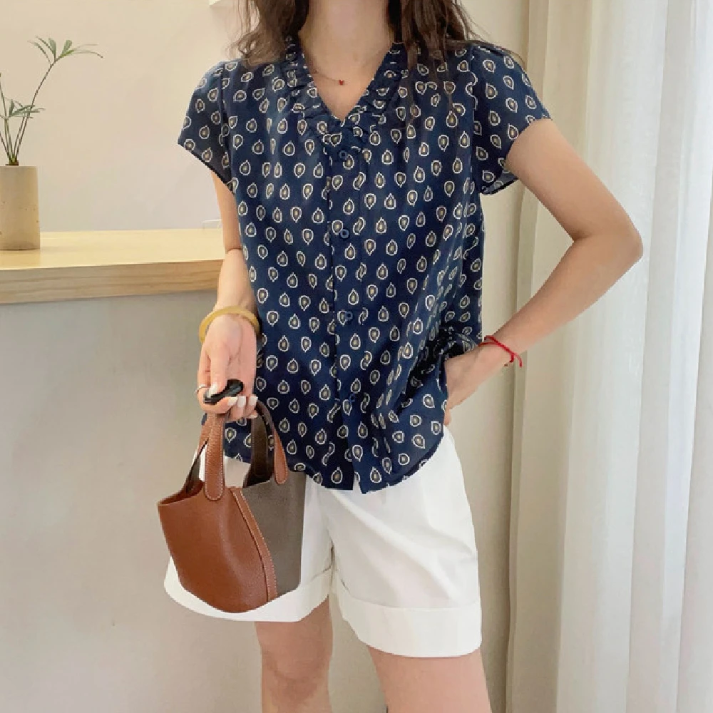 飞飞袖印花短袖衬衫女欧洲站2025夏季新款女装时尚洋气复古小衫潮