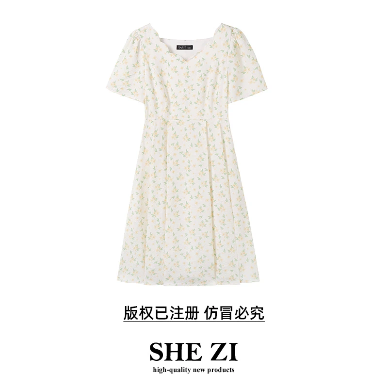 奢姿2024年夏季新款大码女装减龄印花连衣裙胖妹妹波浪V领裙子