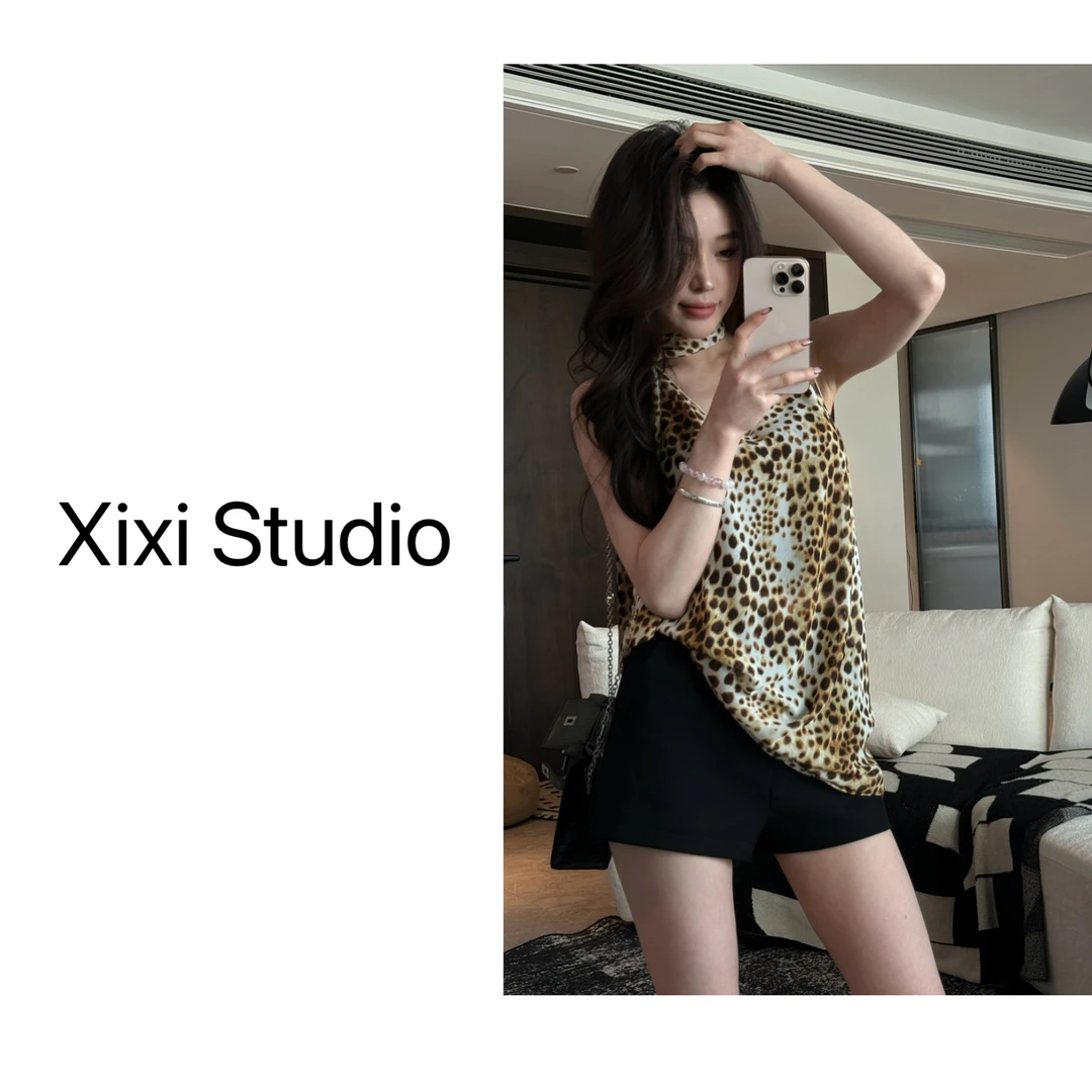 【西西】豹纹飘带气质无袖上衣