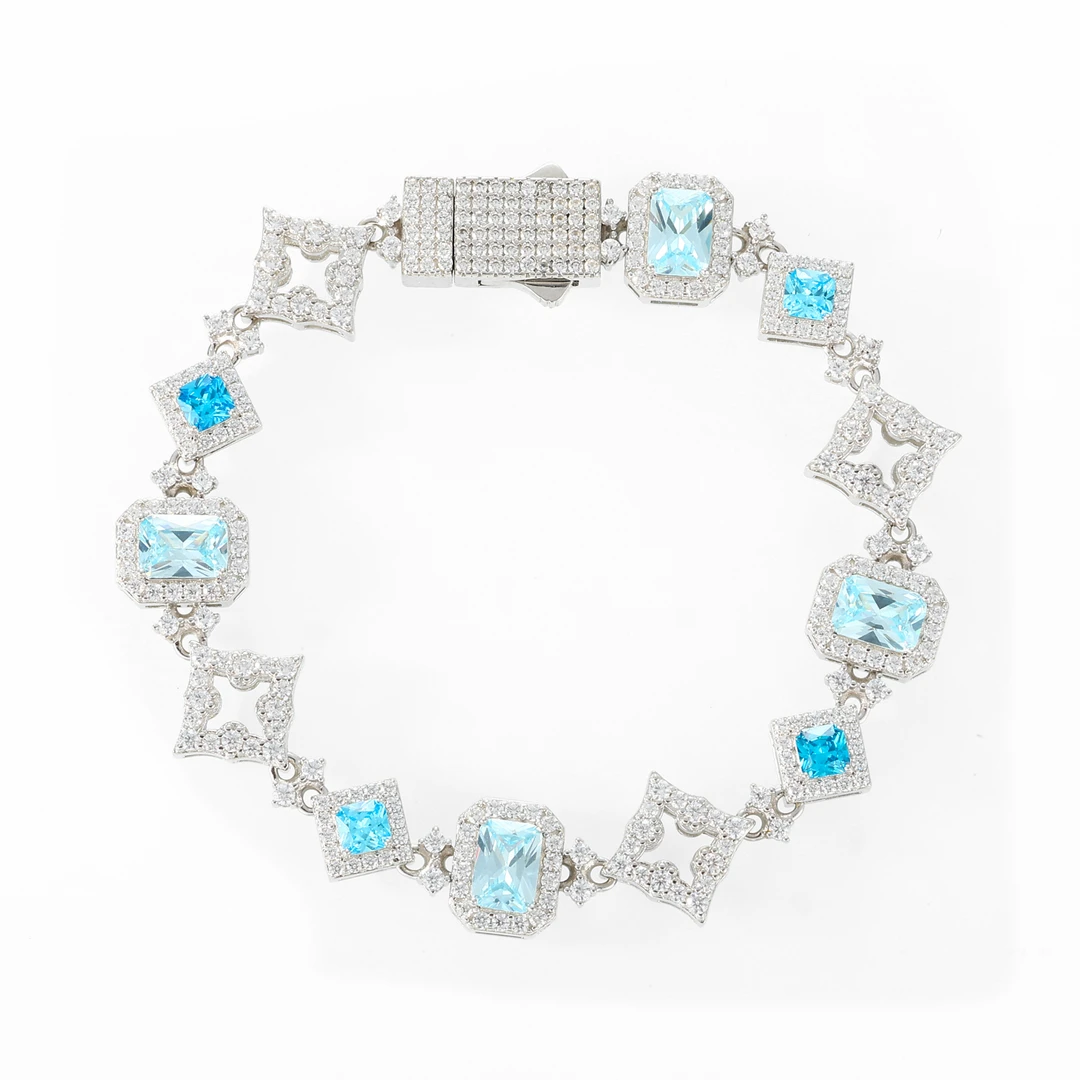 魔匠 925银合成锆石手链 冰川之心方钻蓝冰糖手链镀18K金轻奢时尚