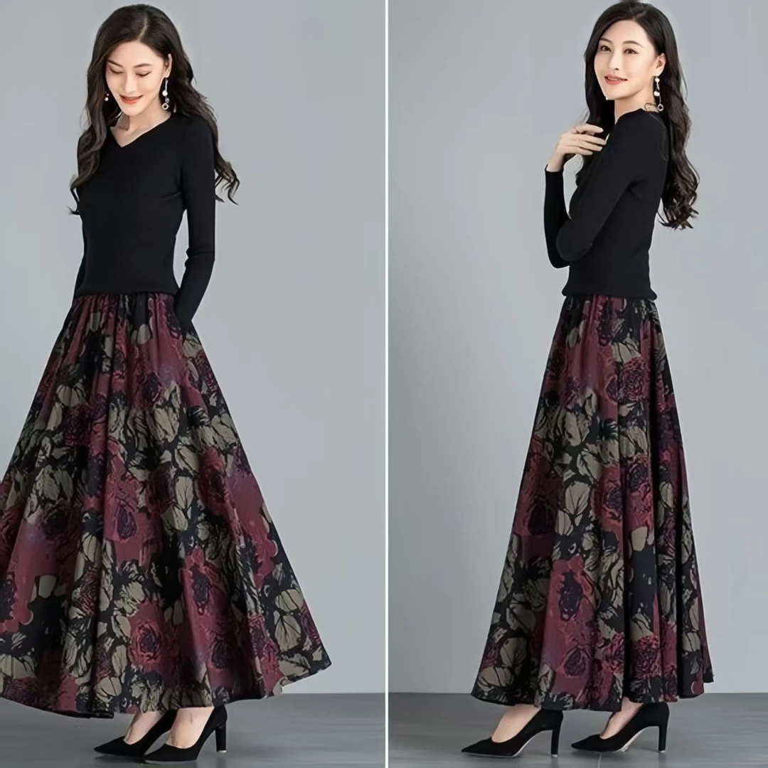春秋新款有口袋半身裙民族高腰复古碎花长裙印花大码中年妈妈女裙