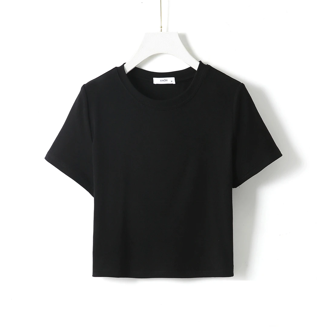 小宜原初 【短款】圆领短袖T恤女春夏修身弹力黑色简约百搭纯色上衣