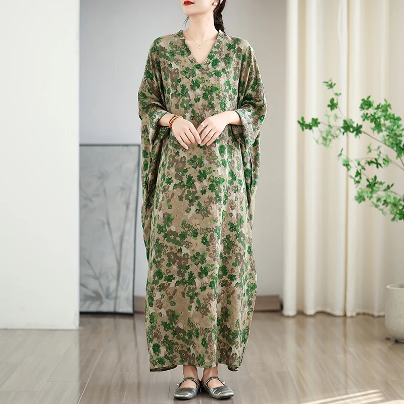 外贸法国单女2025秋季新款长袖连衣裙度假风花色V领复古胖mm长裙