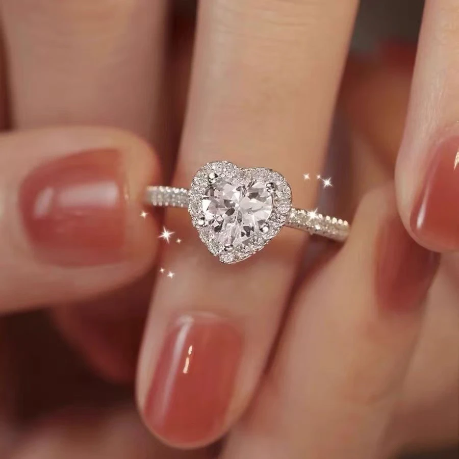 925银合成锆石戒指 心中有你精致爱心女士婚戒开口送女友老婆