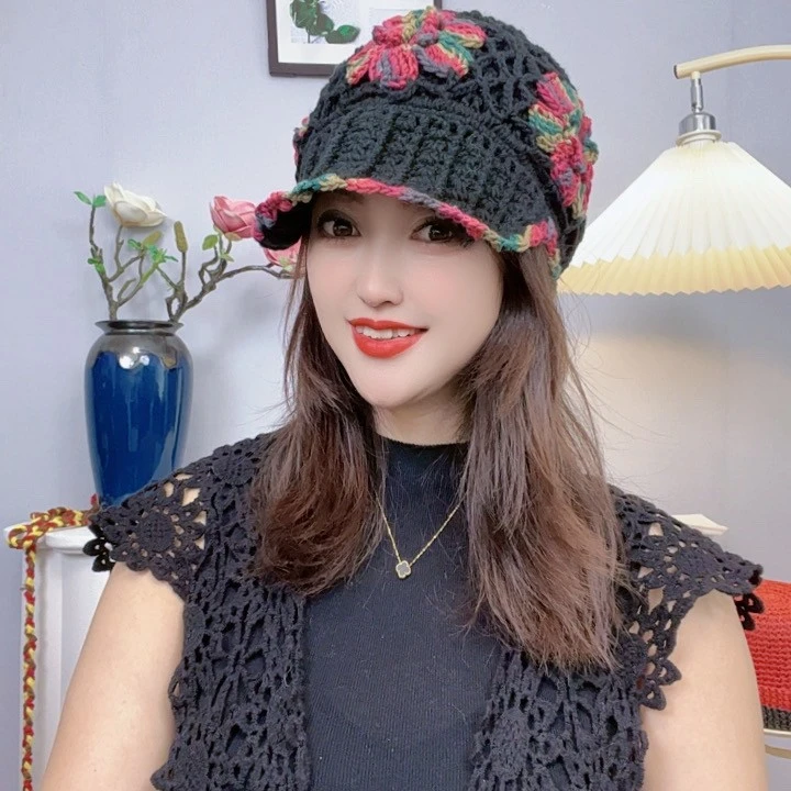 秋冬款牛奶棉【双层花朵鸭舌帽】手工钩织棒球帽