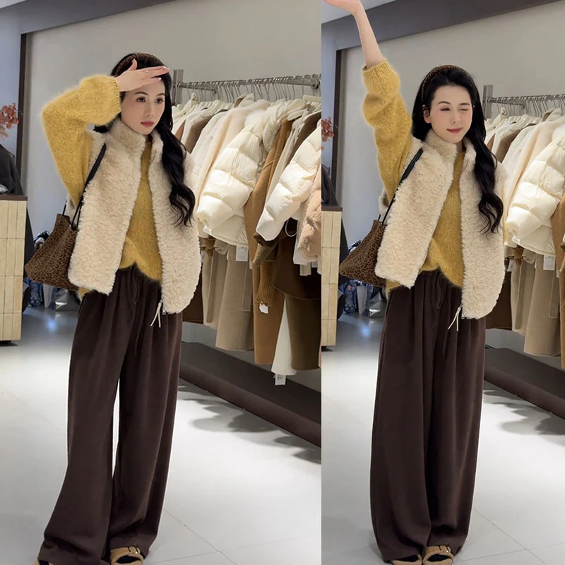 韩系时尚穿搭一整套女2025新款休闲毛衣立领马甲休闲裤三件套