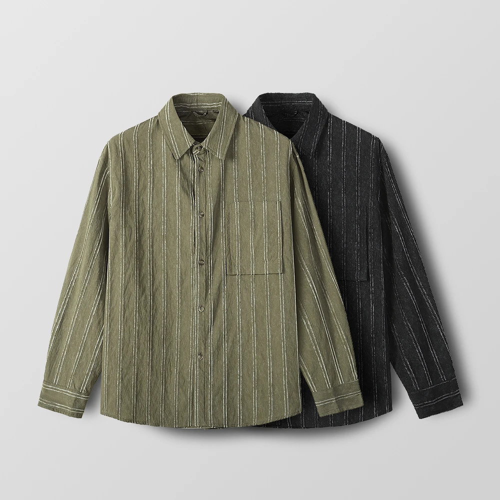 时尚百搭男士秋季条纹提花翻领宽松衬衫外套休闲长袖衬衣简约潮流