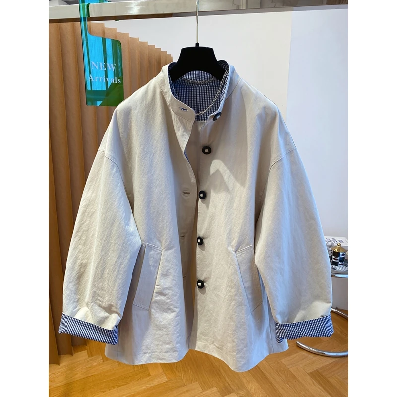 高级感格子拼接工装风衣外套女春秋2025新款韩系宽松百搭立领大衣