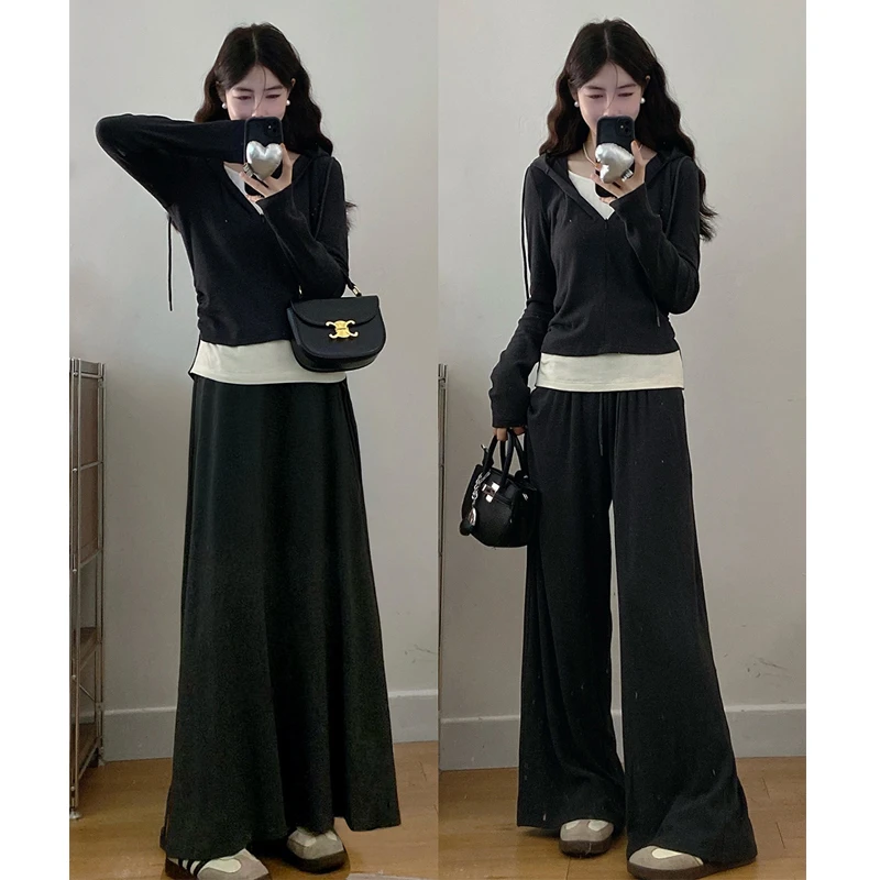 大码胖mm秋装新款休闲假两件连帽卫衣+半身裙阔腿裤两件套装女