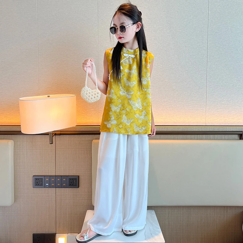 女童2025新款夏季女孩新中式旗袍休闲阔腿裤国风两件套潮款6-12岁