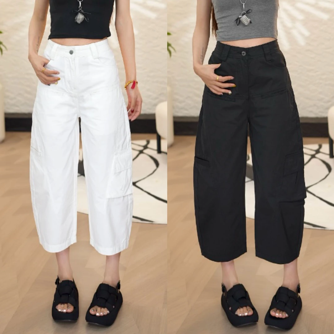 妮子家夏季新款显瘦弯刀八分工装裤女装宽松直筒休闲裤梨形身材