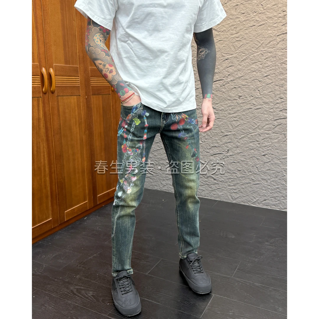 2025秋冬新款时尚休闲百搭怀旧印花男士小脚牛仔裤9362