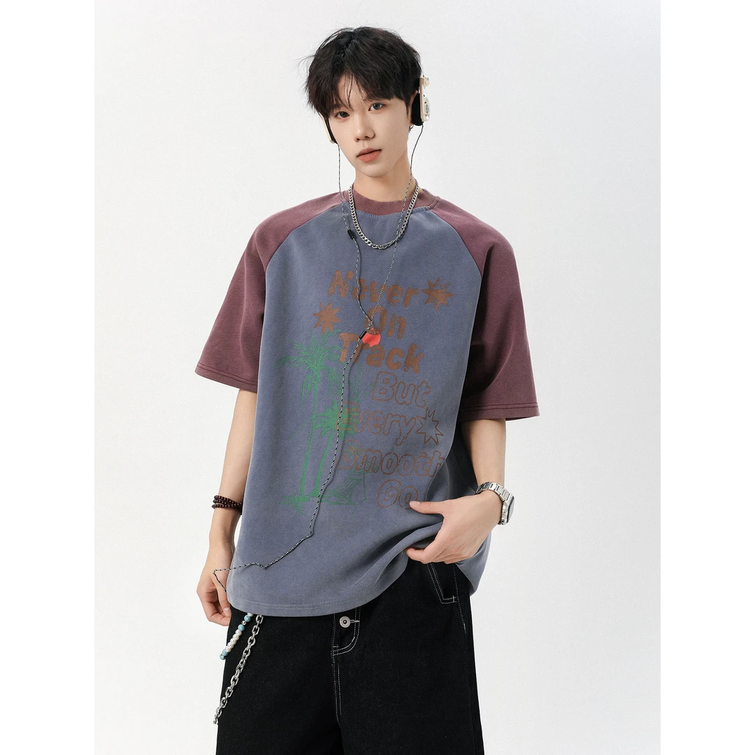 三七-美式复古撞色插肩袖字母印花休闲短袖潮夏季宽松情侣百搭